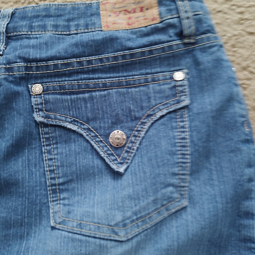 YMI Jeans Blue Denim Mini Skirt Medium Wash Frayed Hem Flap Pockets Size 7